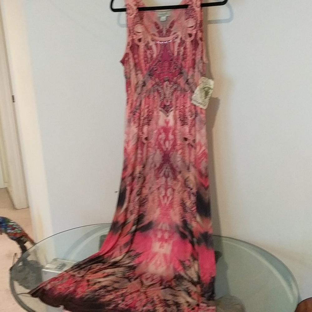 Full length maxi dress coral and brown multi